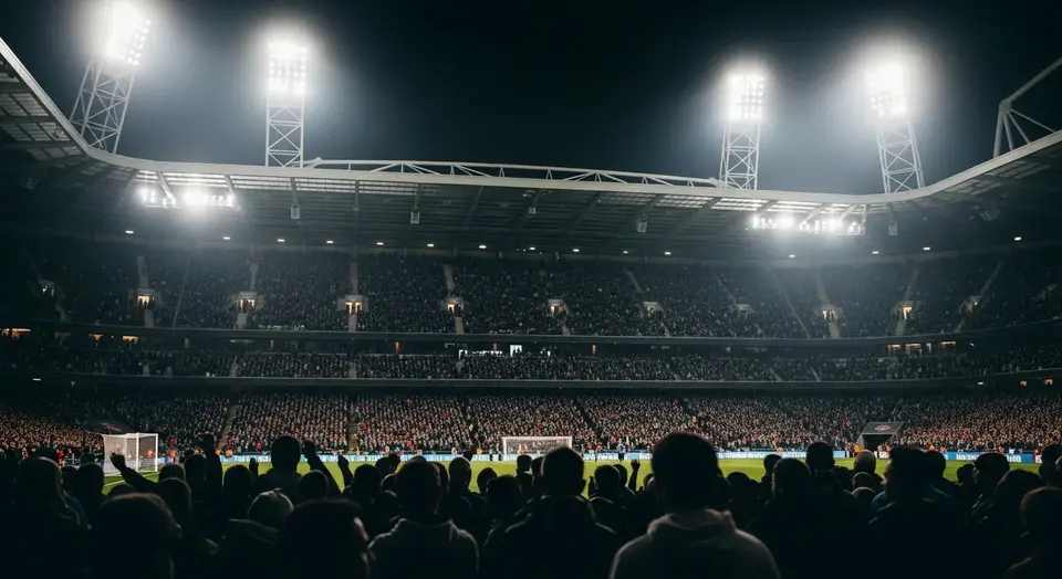 Supporters filling the stands at a floodlit football match